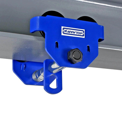 1 Ton Beam Trolley With Heavy Duty Manual Push, adjustable flange from 2.5 to 8 inches, blue steel frame on I-beam