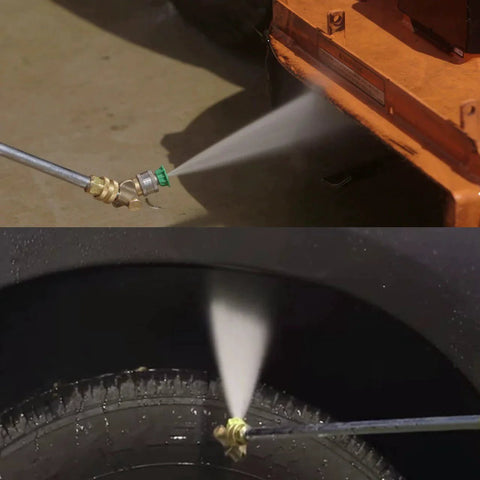 All In One Pressure Washer Accessories Kit With 7 Nozzle Tips And 240 Degree Pivoting Quick Connect Coupler For Quarter Inch Hoses Fits Most Brands Up To 4500 PSI 8 Pack M MINGLE in use on vehicle undercarriage and tire cleaning, showing water spray from nozzle.
