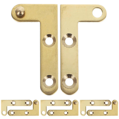360 Degree Rotatable Door Pivot Hinges Set With Four L Shape Concealed Hardware And Screws For Bookcase Cabinet Window And Door Durable Wear Resistant Tough as Nails Hidden Pivot Hinge For Bedroom Kitchen Basement Smooth Finish And Clean Elegant Look, showing brass hinges and plates.