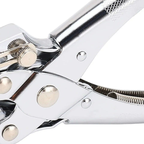 Close-up of the chrome-plated rustproof body of a 5mm Single Hole Punch For 30 Sheets A4 Paper Handheld Manual Puncher with ergonomic grip.