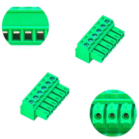 3.5mm Pitch Phoenix PCB Screw Terminal Block Connector Pack of 5, green side and close-up views, durable copper block