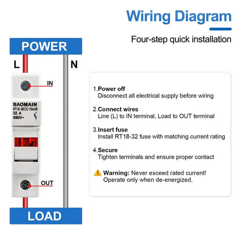 Wiring diagram for RT18-32 Fuse Holder Base With 10x16A Ceramic Fuses, 1 Pole DIN Rail Mount, LED Indicator, CE Certified.