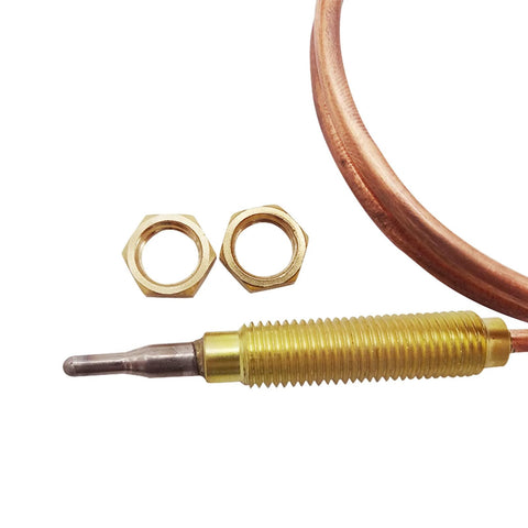 Brass M8x1 thermocouple sensor for propane BBQ grill with two brass nuts and copper tubing (close-up)