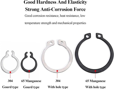 20 Piece External Circlips C Clip Snap Ring Set 65Mn Steel 58Mm 60Mm 62Mm 65Mm 68Mm For Cars Auto Engines Valves And Bearings Durable Black Plated Heavy Duty Retaining Rings Kit showing different styles and materials of circlips.