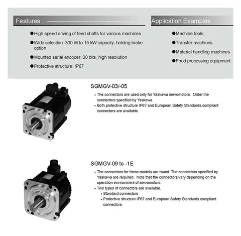 Product sheet displaying SGMGV Series Servo Motor SGMGV-09ADC61 850W with text details and two motor images.