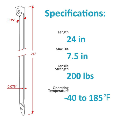 Diagram of heavy duty 24 inch zip tie, 0.35 inch wide, 200 lb tensile strength, showing specifications for home, work, and outdoor use.