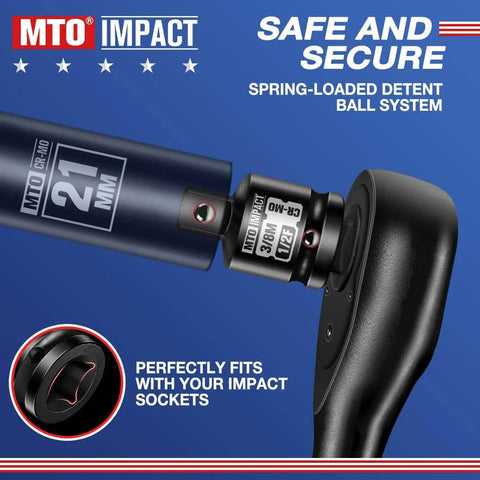 Two Piece 1/2 Inch Female To 3/8 Inch Male Impact Socket Adapter Set shown attached to impact wrench and socket, chrome-moly steel
