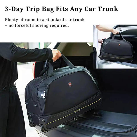 Person placing 22 Inch Rolling Duffel Bag with Wheels for Weekend Travel in car trunk, expandable from 50L to 60L, durable black luggage.