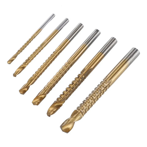 Six Piece Serrated Twist Drill Bit Set For Wood PVC And Plastic Chamfering Grooving Includes 3 4 5 6 6.5 And 8mm Bits For Soft Materials