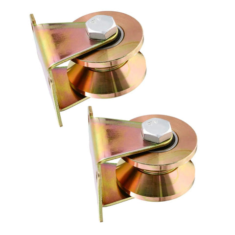 Two Pack Beefy Heavy Duty Steel Pulley Block Swivel Wheel Set For Sliding Doors Track Systems Barn Gates And Garage Applications V Shaped Groove Wheel Replacement Part in golden finish