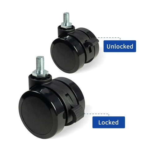 Lockable Caster Wheels For Standing Desk Replacement Castors Set Of 4 With M8 Stem Nylon Threaded Swivel Casters shown locked and unlocked.