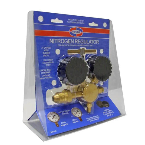 Nitrogen Regulator With 0 To 400 Psi Delivery Pressure, CGA580 Inlet, 1 Quarter Inch Male Flare Outlet, Easy Read 2 Inch Gauges With Protective Boots