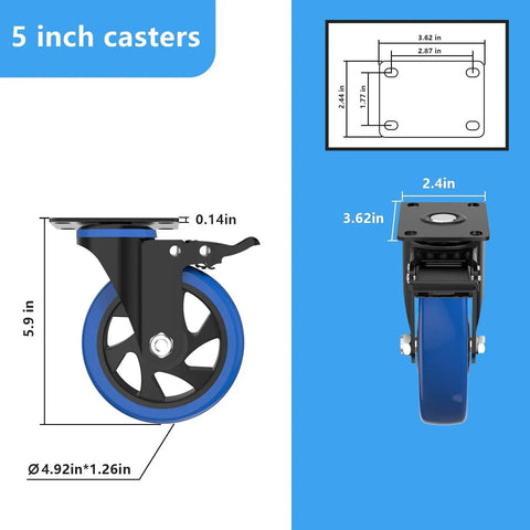 Diagram of 5 Inch Caster Wheels With Brake Set Of 4 Beefy Heavy Duty Swivel Top Plate Casters, showing dimensions and design.