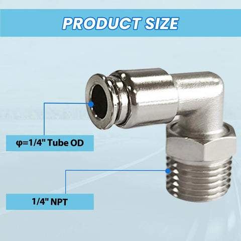 Two FLOVENTIS stainless steel 1/4 in tube OD to 1/4 in NPT pneumatic elbow fittings