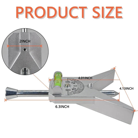 Upgraded Pipe Center Finder with Four Inch Y Type Base, Dial Bubble Protractor, measuring tools displayed with dimensions