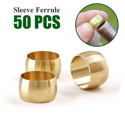 Brass sleeve ferrules set, 50 pcs, for 1/4" tube OD, brass compression tube fittings assortment