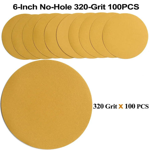 6-Inch No-Hole Hook and Loop Sanding Discs 320 Grit 100-Pack for Automotive, showing multiple stacked discs