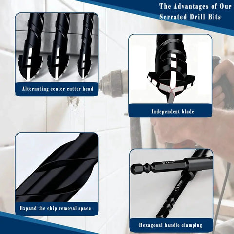 Pro Grade 10 Piece Masonry Drill Bit Set with crisscross serrated tip used in ceramic tile drilling, close-up view of features
