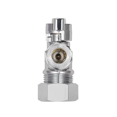 Front view of Heavy Duty Angle Stop Valve 1/2 Inch Nominal 5/8 Inch OD Compression X 3/8 Inch OD Compression, chrome-plated brass.
