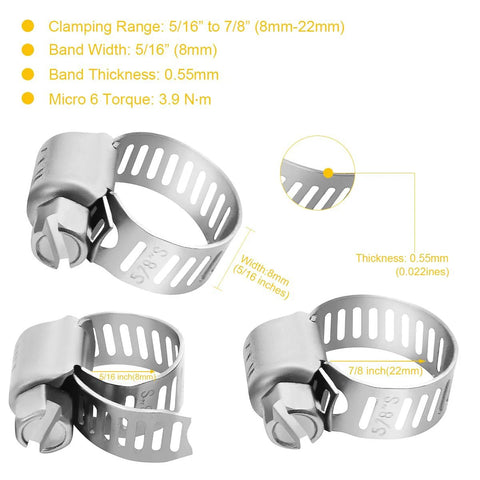 Stainless steel hose clamps, 22-pack, worm gear drive, micro size 6, 5/16–7/8 in (8–22 mm), automotive plumbing
