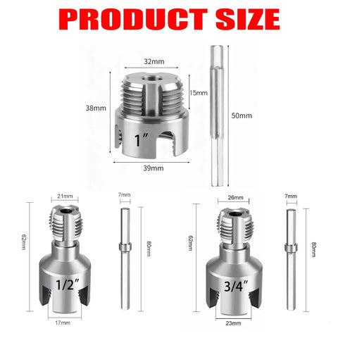 3 Piece PVC Pipe Threader Kit NPT Sizes One Half Inch Three Quarter Inch And One Inch Dual Function Internal And External Threading Tool Compatible With Electric Drill For PVC PPR And MPP Pipes product size chart.