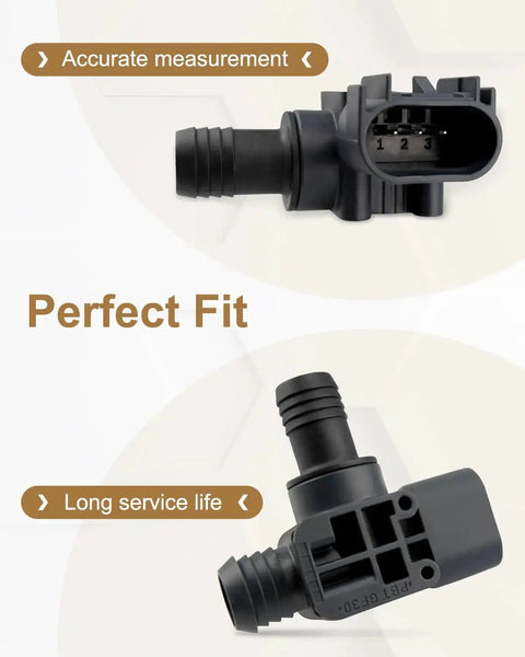 Power brake booster pressure sensor with 3-pin connector, black plastic, front and side views