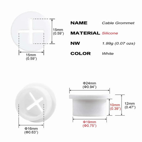 Dimensional diagram of Eight Pack Three Quarter Inch Cable Cord Grommets For Desk And Furniture Wall Holes White Silicone Rubber