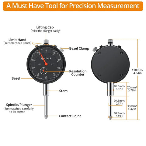 Dial Indicator Gauge 0 To 1 Inch, With 0.001 Inch Resolution, Pro Grade Full Metal Construction For Lathe Front and Side View