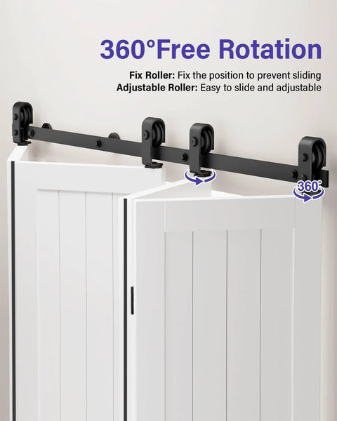 Bifold Barn Door Hardware Kit For 76 Inch Closet Doors, 80 Inch Track System with J Shape Top Mount Rollers shown in action
