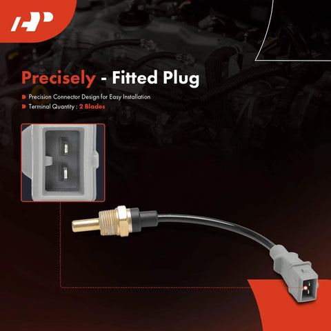 Close-up of A-Premium 2-pin engine coolant temperature sensor with brass threaded fitting and two-pin connector