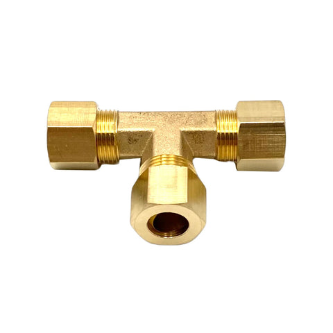 Brass 3/8 in compression tee with two side compression nuts and bottom port for copper tubing