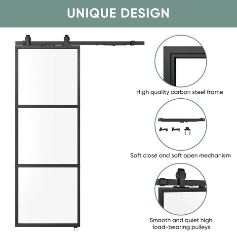 Clear Tempered Glass Barn Door 28 Inch By 84 Inch With Carbon Steel Frame Pre Drilled For Easy Assembly Including 5 Foot Hardware Kit And Soft Close System For Smooth Sliding And Modern Interior Spaces. Front view showing frame and hardware.