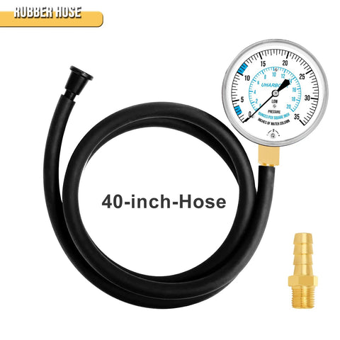 UHARBOUR LP gas pressure tester with 40-inch rubber hose and 1/8 in NPT brass fitting, analog gauge
