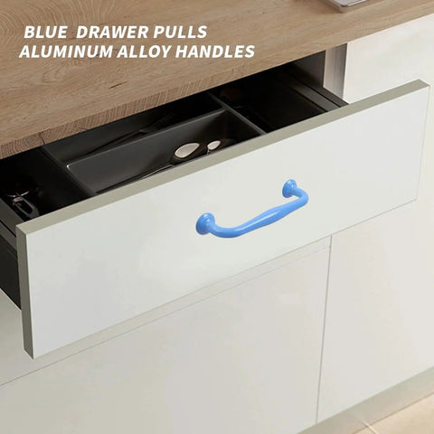 4 Pack Blue Aluminum Cabinet Pulls With 3.78 Inch Hole Centers 96mm And 4.49 Inch Length 114mm installed on white drawer