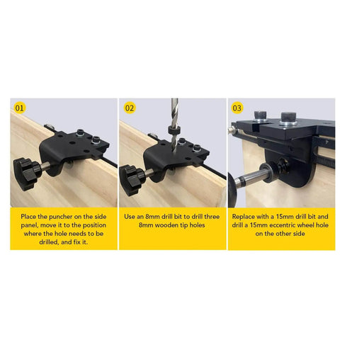3 In 1 Dowel Jig Drill Kit With Self Centering Dowel Jig And Pocket Hole Locator, Includes 8Mm 10Mm 15Mm Drill Bits in use on wood