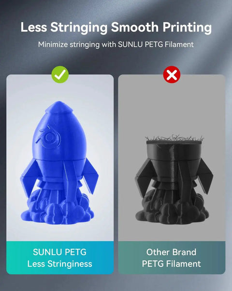 Comparison of 3D rocket models printed with PETG Filament 1.75mm 1kg Black With Excellent Layer Adhesion And Low Stringing, showing less stringing.