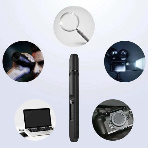 Double Ended Lens Cleaning Pen With Carbon Head And Soft Brush for glasses, amidst images of optics gear and digital devices