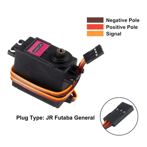 2 Pack MG996R Metal Gear Servo Motors, 180 Degree Swing with JR Futaba plug, shown with wiring poles key