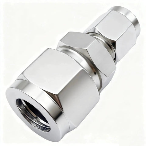 304 Stainless Steel Compression Tube Fitting Reducing Union With Double Ferrule Two Piece Straight Adapter One Quarter Inch OD By Three Eighths Inch OD For Fuel Oil Air And Some Corrosive Liquids, front view