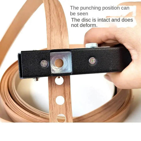 Close-up of 12mm Circle Hole Punch for ID cards and PVC badges, showing adjustable feed with punched holes in material.