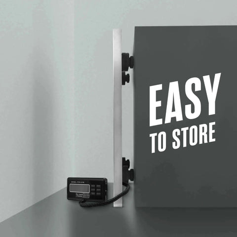 Side view of folded Beefy Heavy Duty Shipping Scale With Large 22 By 18 Inch Platform And 400 Lb Capacity Digital Parcel Scale, stainless steel top