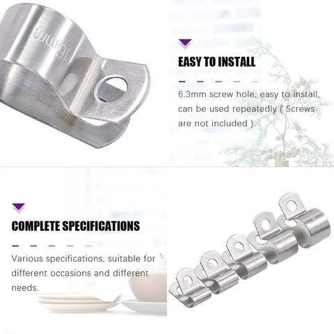 Close-up of 50Pcs 304 Stainless Steel Cable Clamps Assortment Kit Without Rubber Cushioned Includes 6mm 8mm 9mm 13mm 16mm Sizes