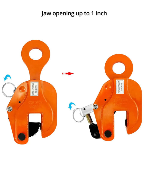 2-Ton Vertical Plate Lifting Clamp With 4400 Lb Capacity for Welding, showing front and side views with jaw open