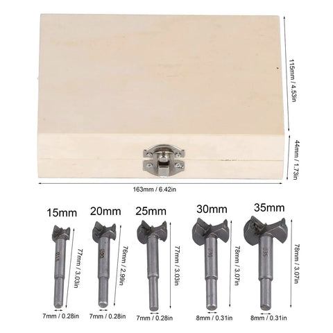 Heavy Duty Woodworking Drill Bit Set With Hinge Hole Cutter And Storage Case, Includes 15mm, 20mm, 25mm, 30mm, 35mm Boring Bits