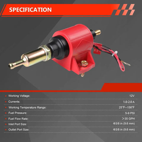 Beefy 12V Fuel Pump Delivers Five To Nine PSI At Thirty Five GPH For Gasoline And Diesel Engines, red casing, 3/8 in fittings