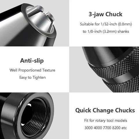 Close-up of 16Pcs Drill Chuck Collet Set details with 3-jaw chuck and quick change adapter for rotary tools, anti-slip texture shown.