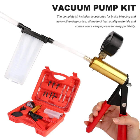 SHMZK brake bleed vacuum pump kit, red carrying case with gauge, hoses, and adapters.