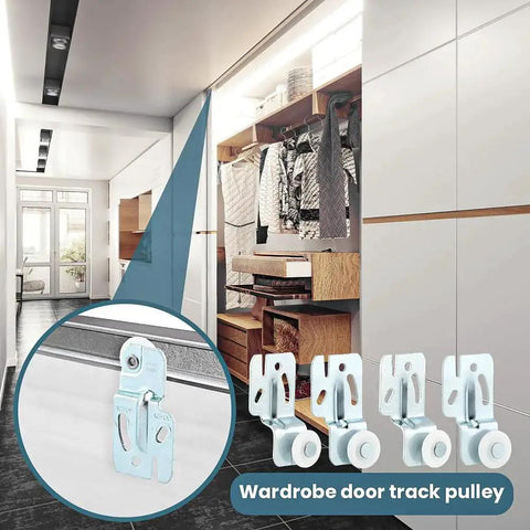 Sliding Door Hardware Wardrobe Roller Kit With Four Wheels For Top Hung Bypass Doors For Kitchen And Pantry, shown in use.