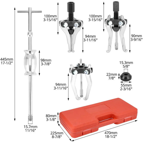 3 Jaw Gear Bearing Puller Set for Automotive Maintenance, internal and external gear removal tools with red carrying case, dimensions shown.