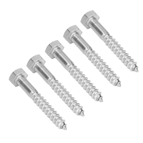 Five heavy duty wood hex lag screws with half thread, self tapping design, no pre drill needed, made from A2-70 stainless steel.